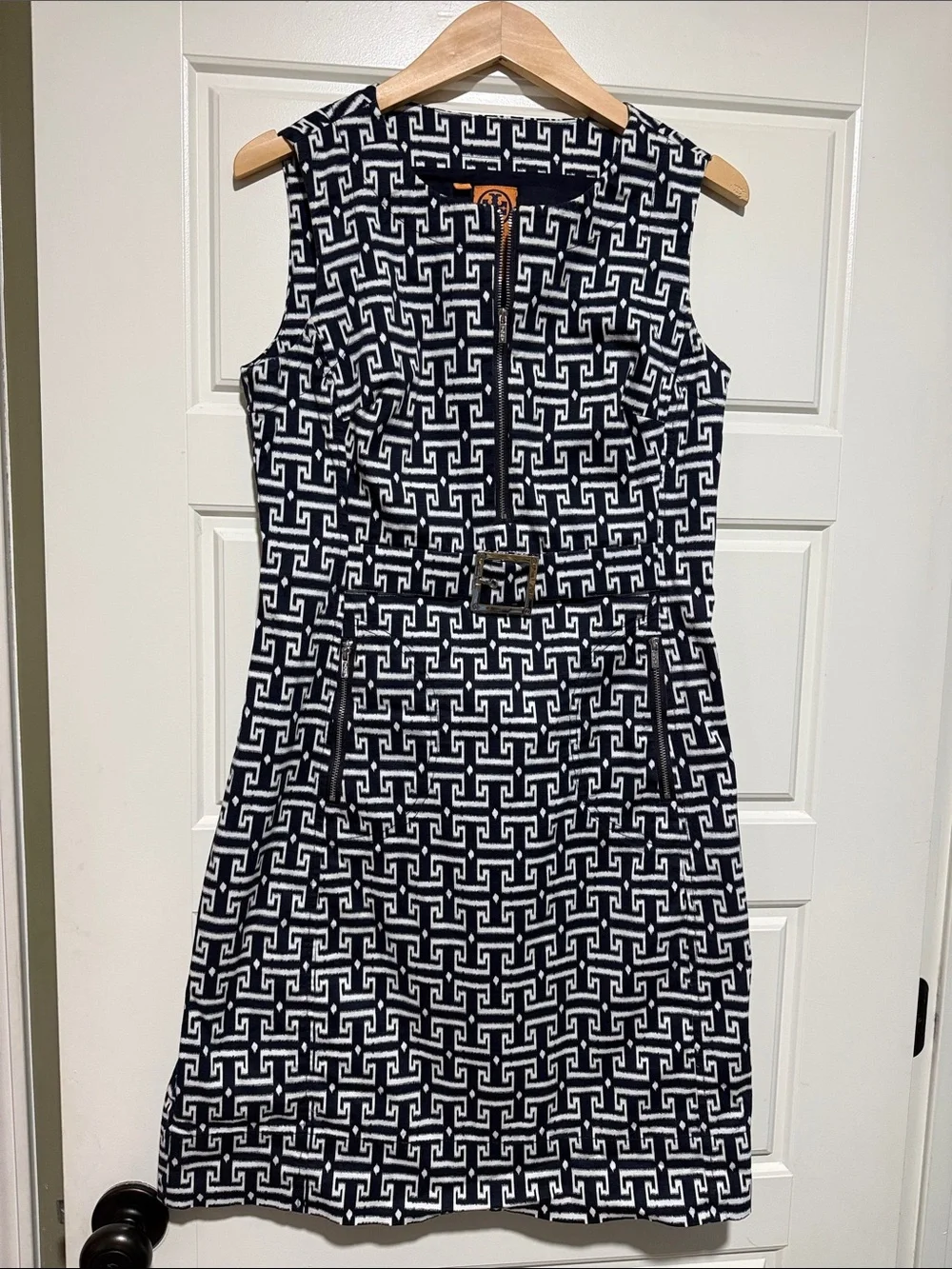 Tory Burch Navy and White Geo-Print Sleeveless Midi Dress
